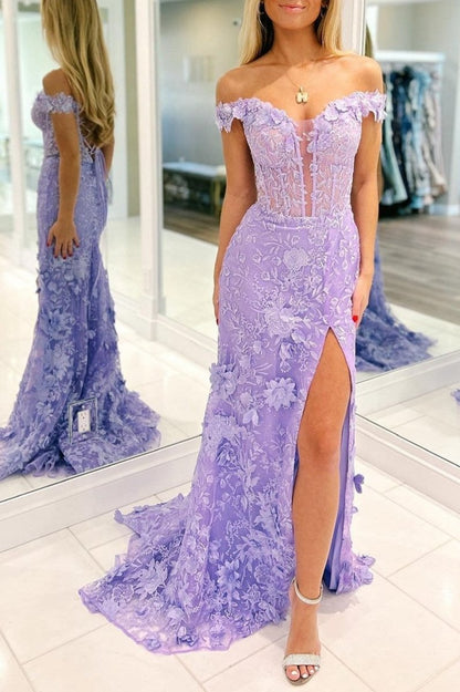 Off the Shoulder Floral Lace Long Prom Dresses with Split