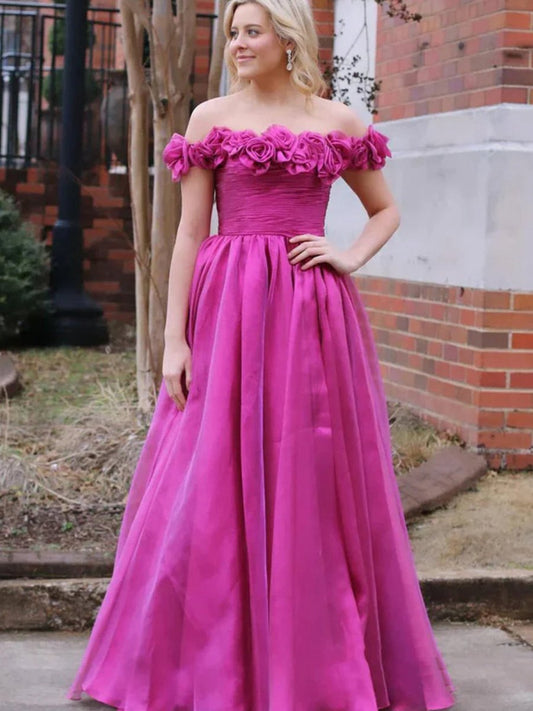Off the Shoulder A-line Prom Dresses with 3D Floral