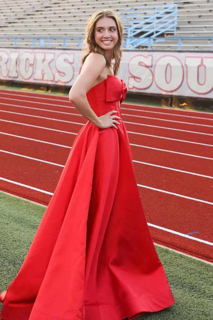 A-line Strapless Bow Empire-Waist Sleeveless Satin Long Prom Dresses with Slit
