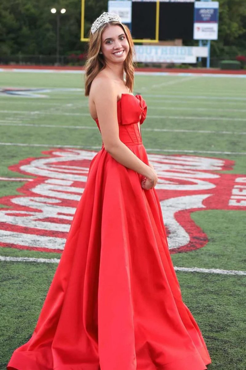 A-line Strapless Bow Empire-Waist Sleeveless Satin Long Prom Dresses with Slit