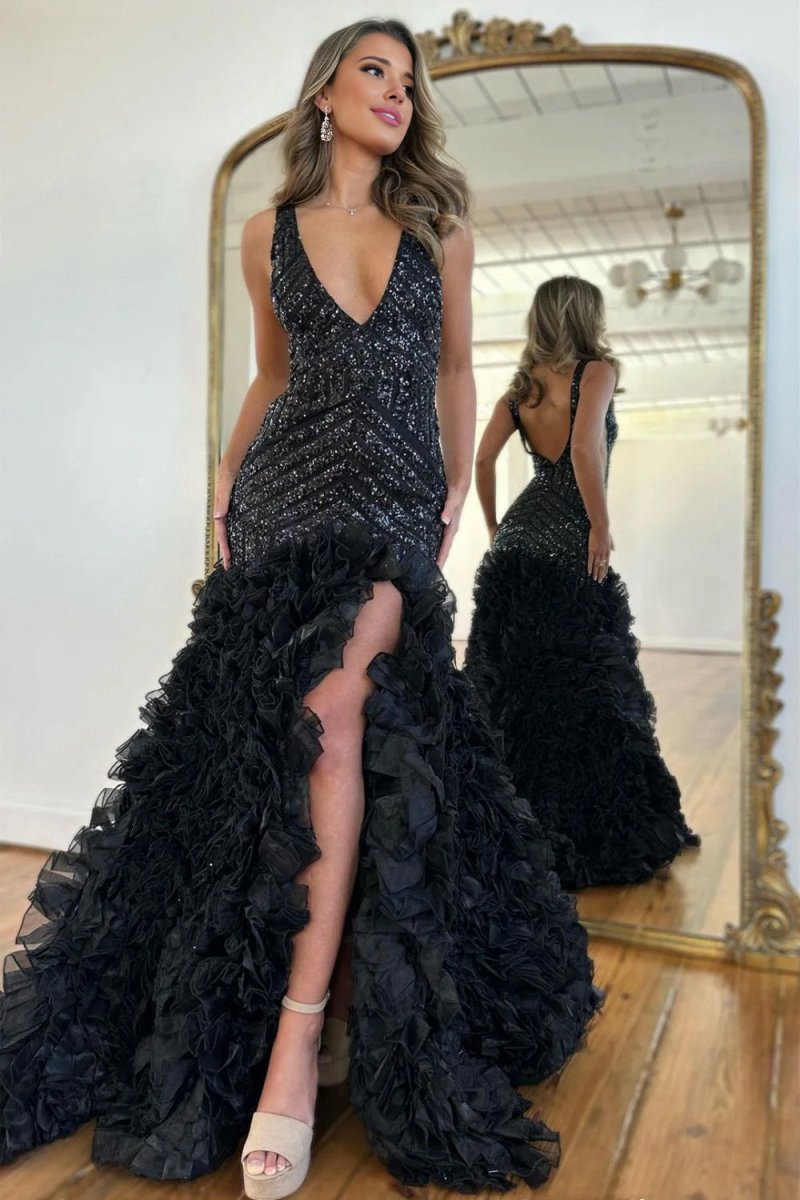 Mermaid V-Neck Long Sequin Prom Dresses with Ruffles