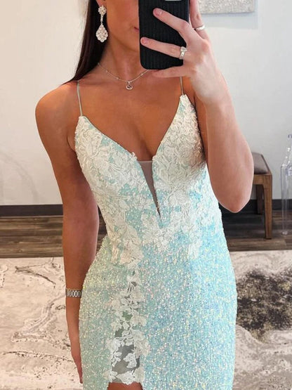 Mint Spaghetti Straps Sequins Mermaid Long Prom Dresses with Split