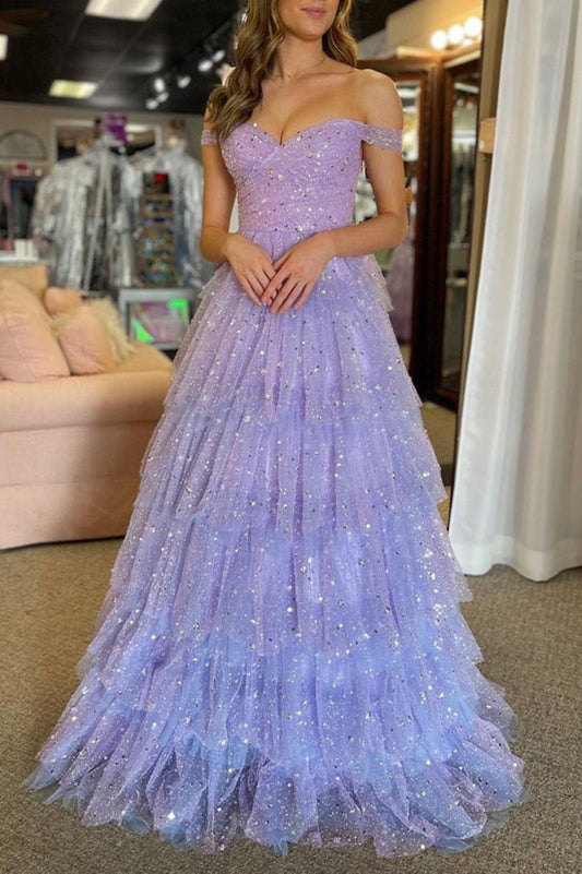 A-line Off the Shoulder Ruffle Tie Tulle Long Prom Dresses
