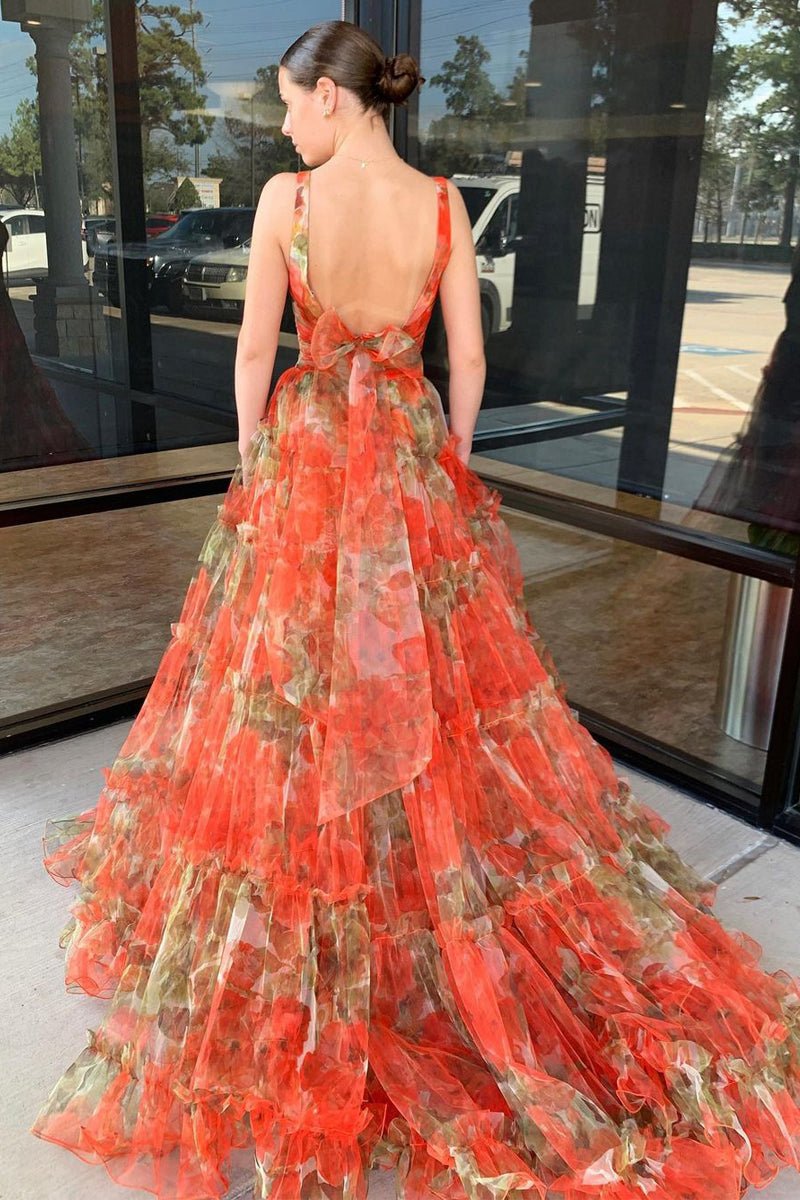 Two Piece V-Neck Floral Printed Long Prom Dresses