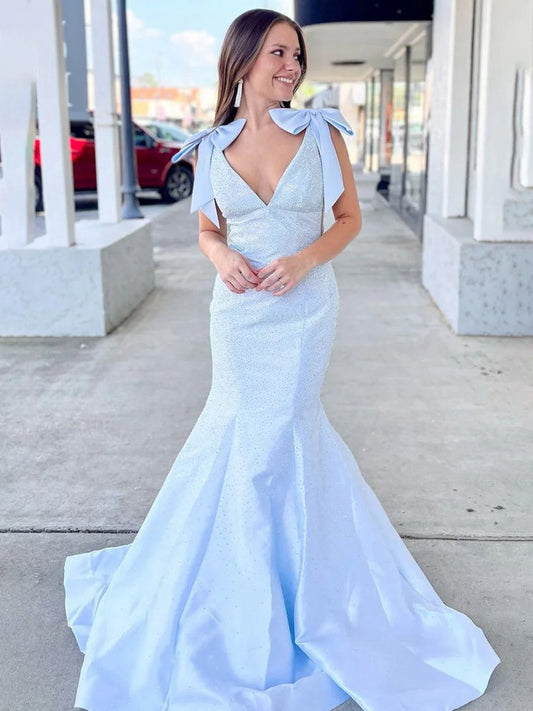V Neck Mermaid Satin Long Prom Dresses with Bow