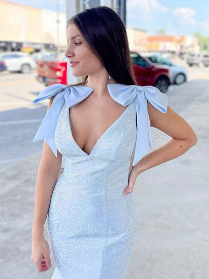 V Neck Mermaid Satin Long Prom Dresses with Bow
