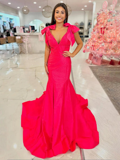 V Neck Mermaid Satin Long Prom Dresses with Bow