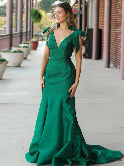 V Neck Mermaid Satin Long Prom Dresses with Bow