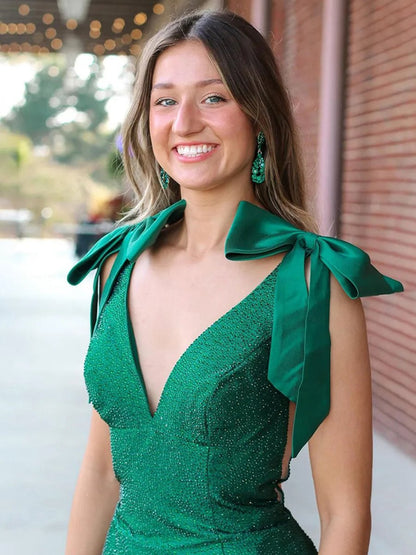 V Neck Mermaid Satin Long Prom Dresses with Bow
