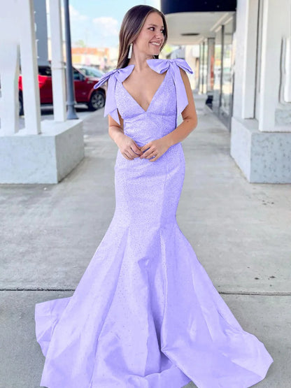 V Neck Mermaid Satin Long Prom Dresses with Bow