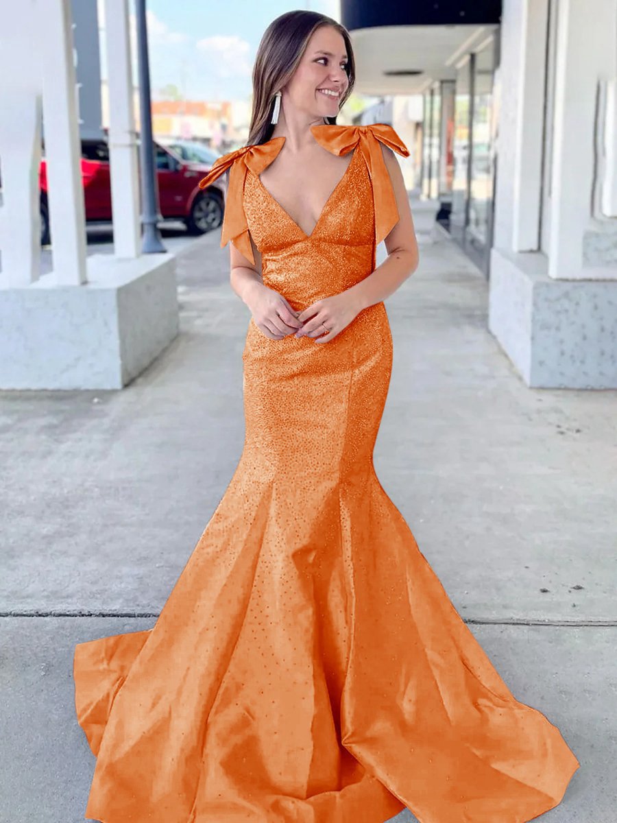 V Neck Mermaid Satin Long Prom Dresses with Bow