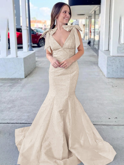 V Neck Mermaid Satin Long Prom Dresses with Bow