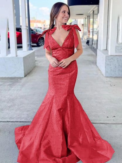 V Neck Mermaid Satin Long Prom Dresses with Bow