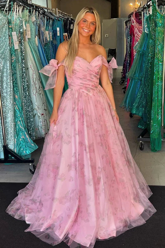A-line Off the Shoulder Floral Printed Long Prom Dresses