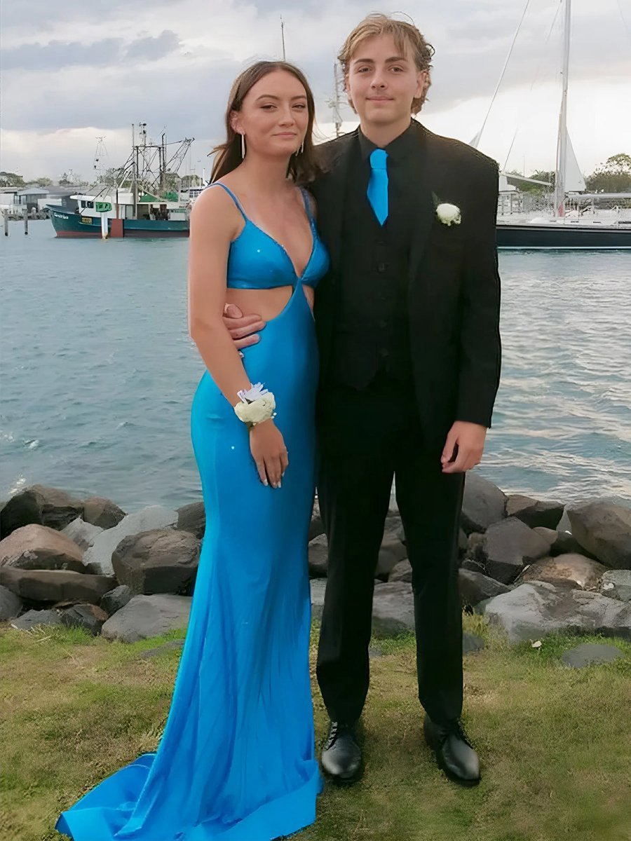 Mermaid V Neck Satin Cut-out Waist Prom Dresses