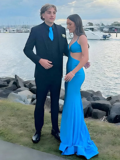 Mermaid V Neck Satin Cut-out Waist Prom Dresses