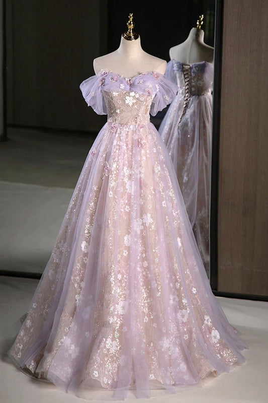 Off the Shoulder Tulle A-line Prom Dresses with Appliques