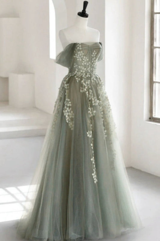 Off the Shoulder Tulle Prom Dresses with Appliques