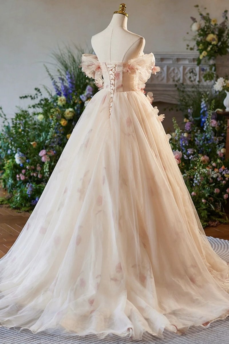Off the Shoulder Tulle Floral Floor Length Long Prom Dresses