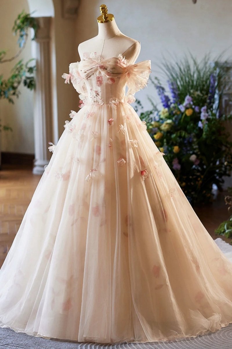 Off the Shoulder Tulle Floral Floor Length Long Prom Dresses