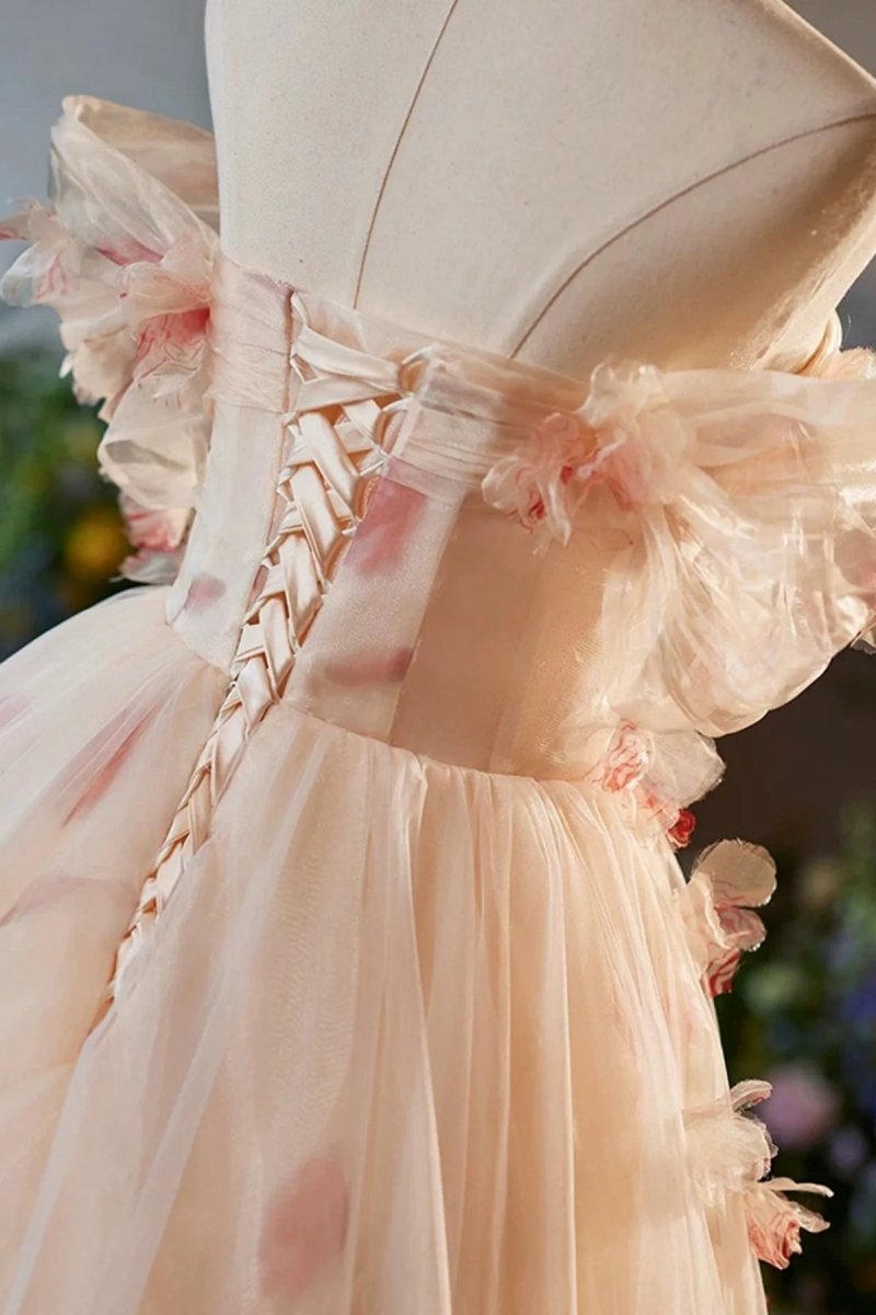 Off the Shoulder Tulle Floral Floor Length Long Prom Dresses
