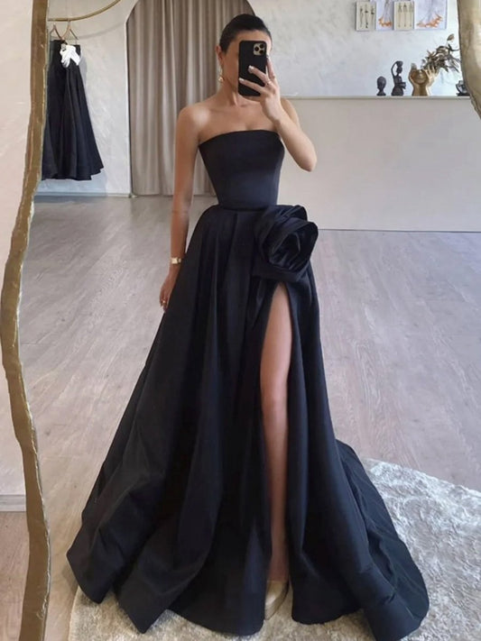 Strapless Satin Long Prom Dresses with High Split