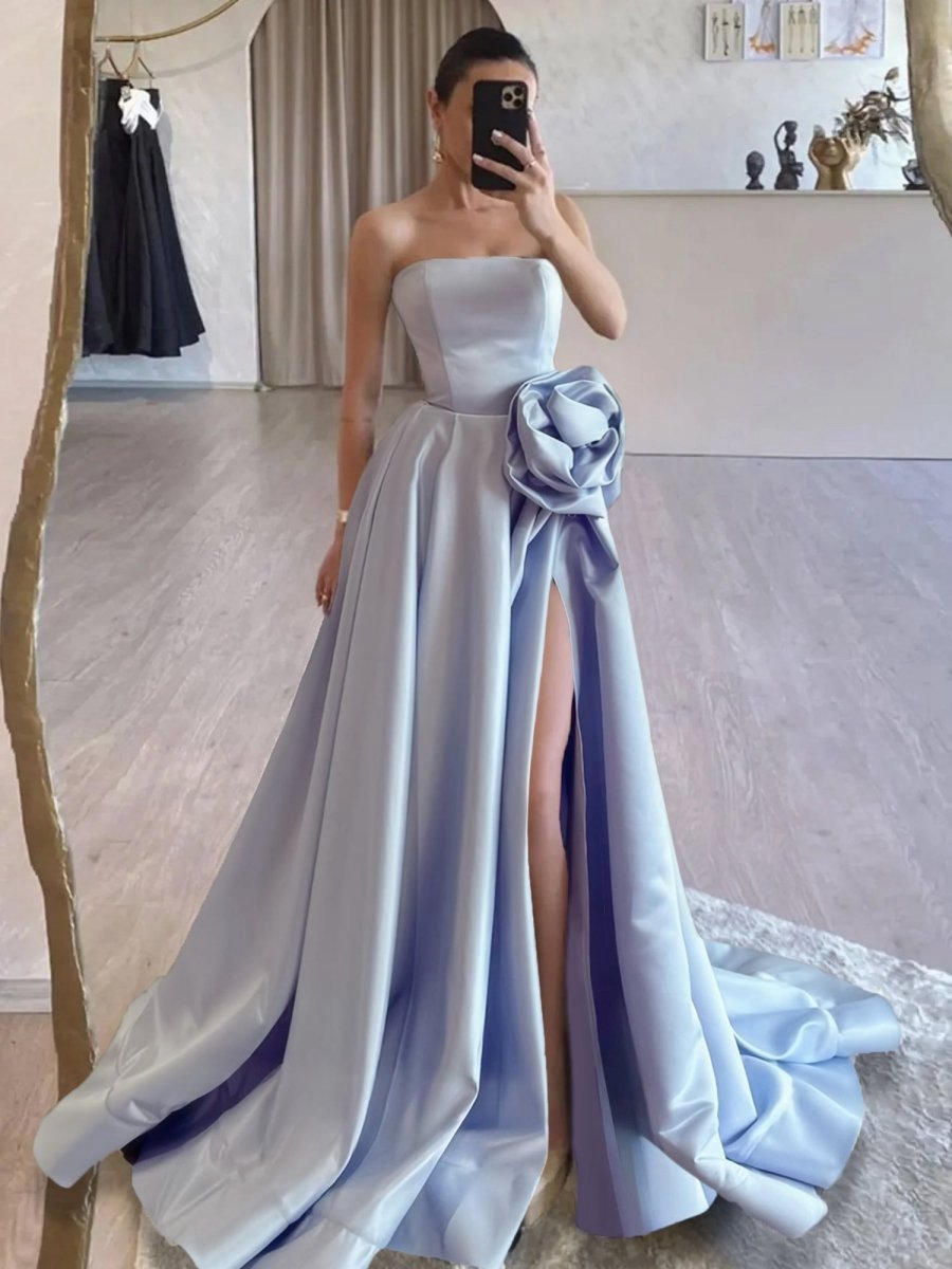 Strapless Satin Long Prom Dresses with High Split
