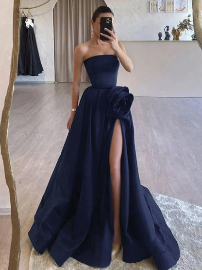 Strapless Satin Long Prom Dresses with High Split