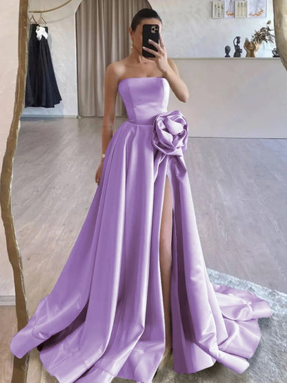 Strapless Satin Long Prom Dresses with High Split