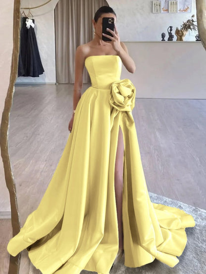 Strapless Satin Long Prom Dresses with High Split