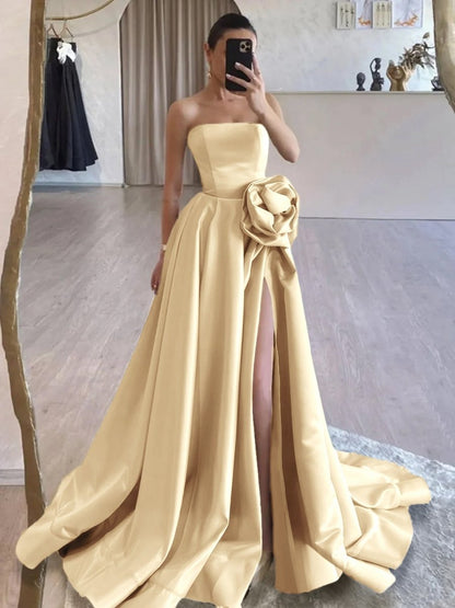 Strapless Satin Long Prom Dresses with High Split
