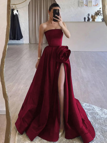 Strapless Satin Long Prom Dresses with High Split