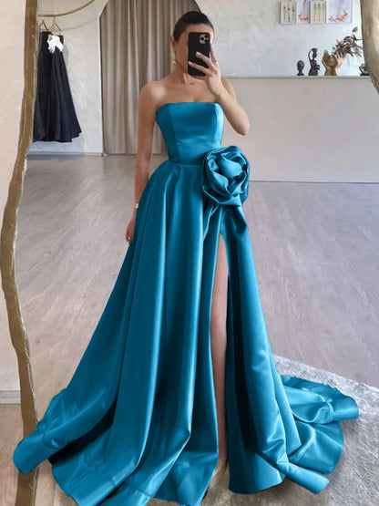 Strapless Satin Long Prom Dresses with High Split