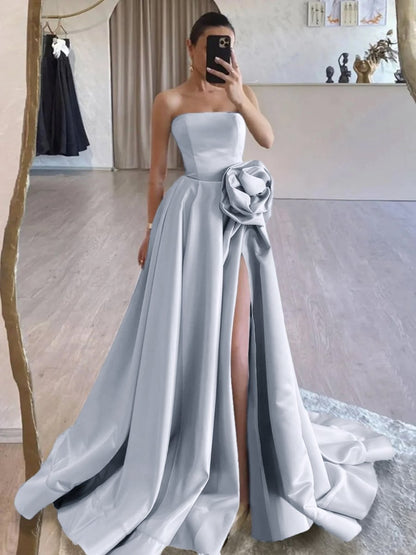 Strapless Satin Long Prom Dresses with High Split