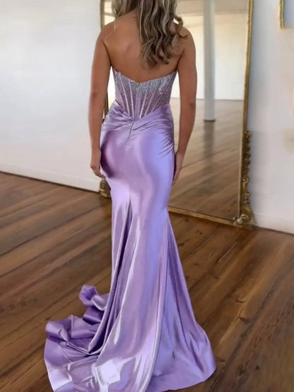 Strapless Mermaid Satin Long Prom Dresses with Beading