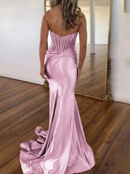 Strapless Mermaid Satin Long Prom Dresses with Beading