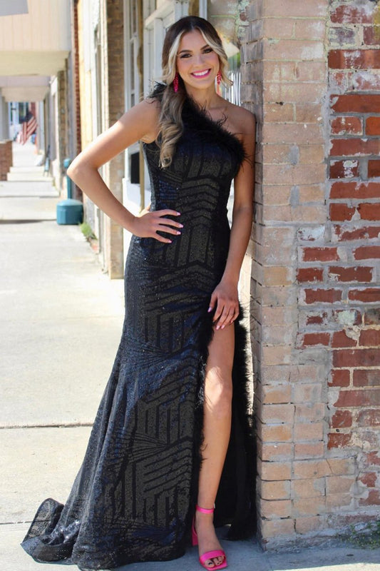 One Shoulder Mermaid Sequins Prom Dresses with Feather