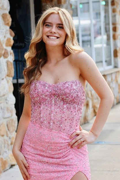 Strapless Sequins Mermaid Long Prom Dresses with Split