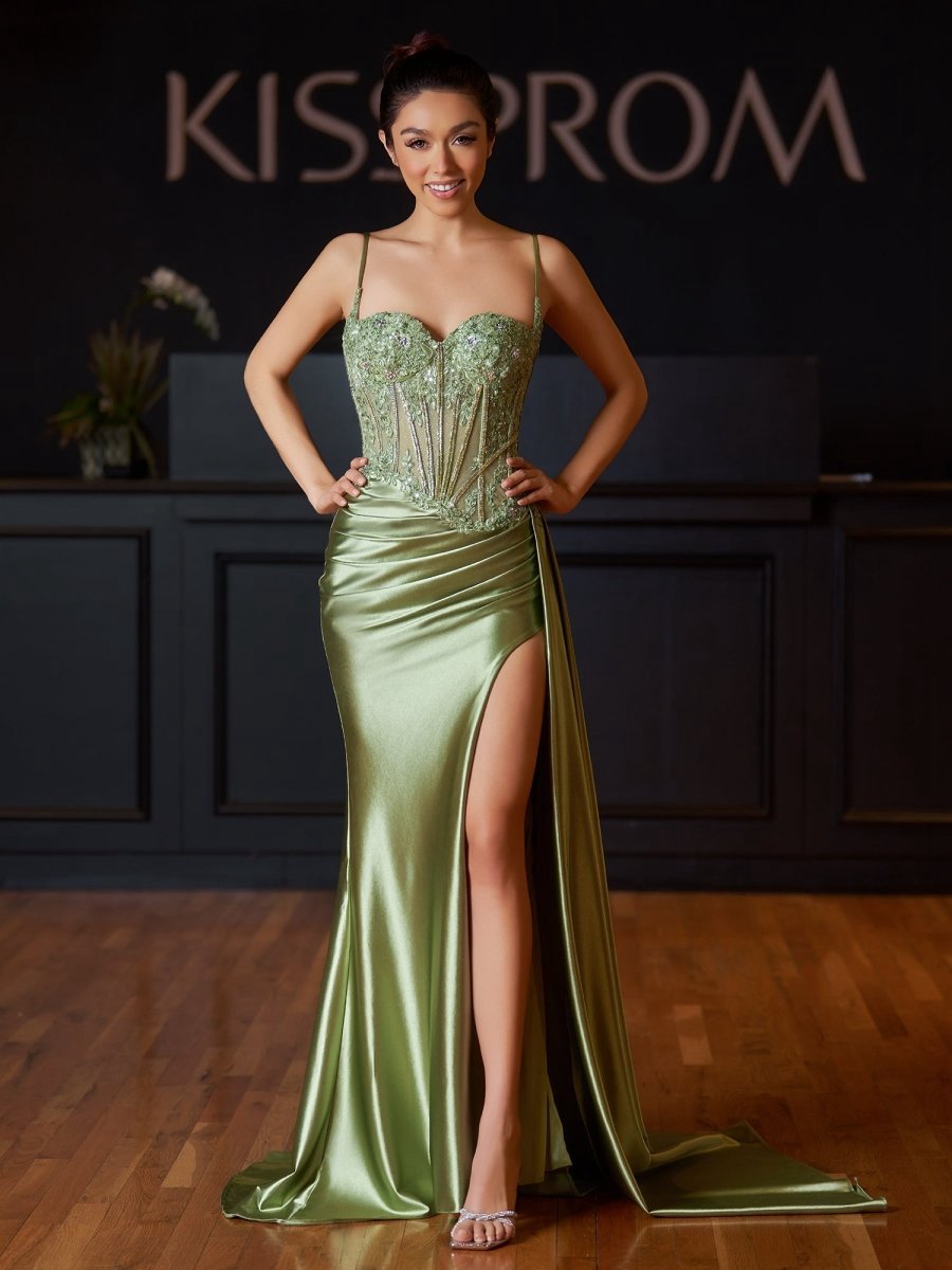 Spaghetti Straps Mermaid Appliqued Prom Dresses with Split