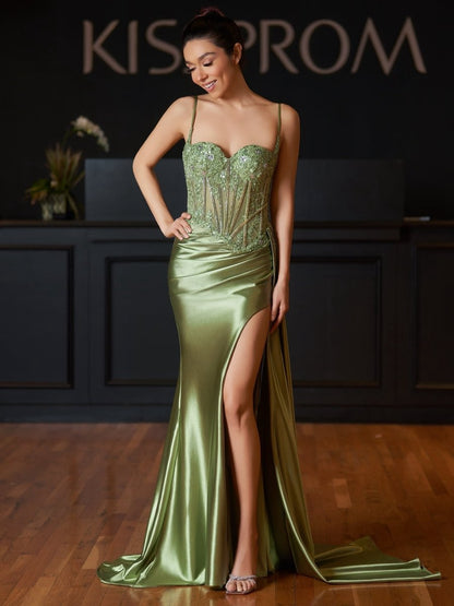 Spaghetti Straps Mermaid Appliqued Prom Dresses with Split