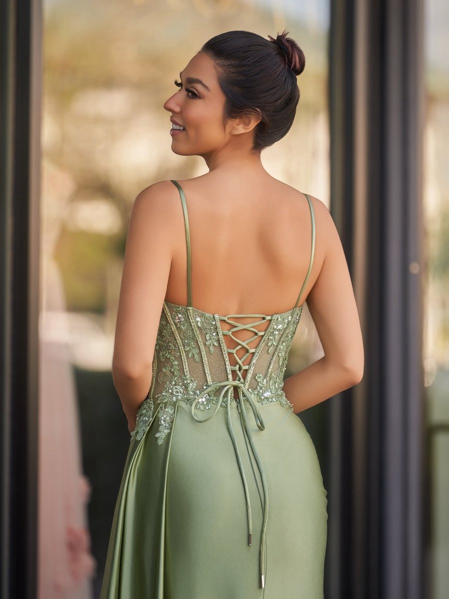 Spaghetti Straps Mermaid Appliqued Prom Dresses with Split