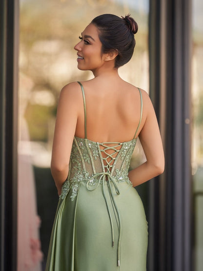 Spaghetti Straps Mermaid Appliqued Prom Dresses with Split