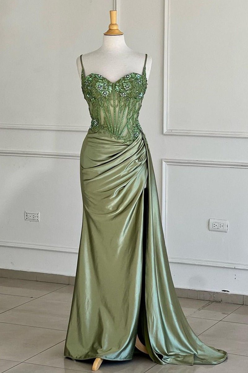 Spaghetti Straps Mermaid Appliqued Prom Dresses with Split
