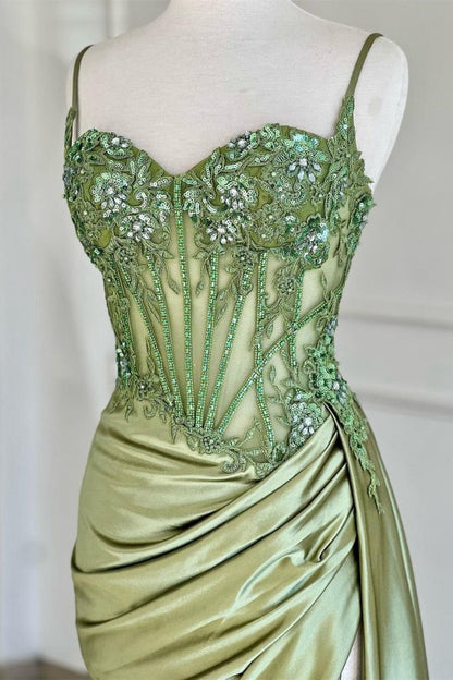 Spaghetti Straps Mermaid Appliqued Prom Dresses with Split