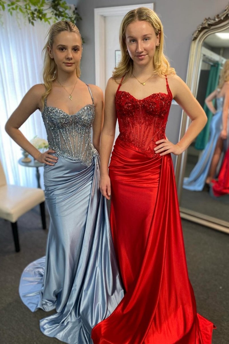 Spaghetti Straps Mermaid Appliqued Prom Dresses with Split
