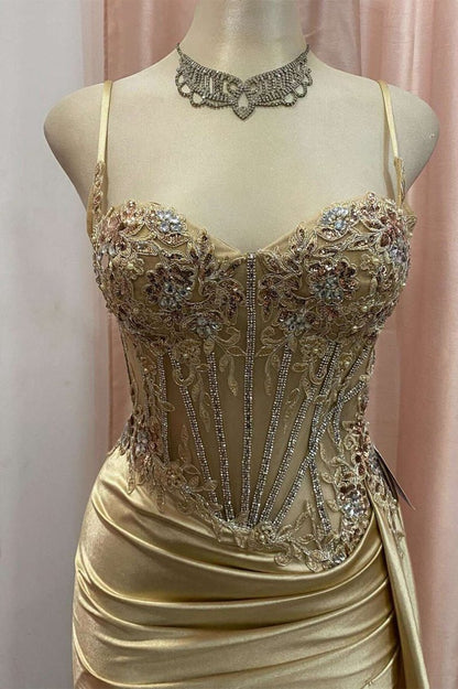Spaghetti Straps Mermaid Appliqued Prom Dresses with Split
