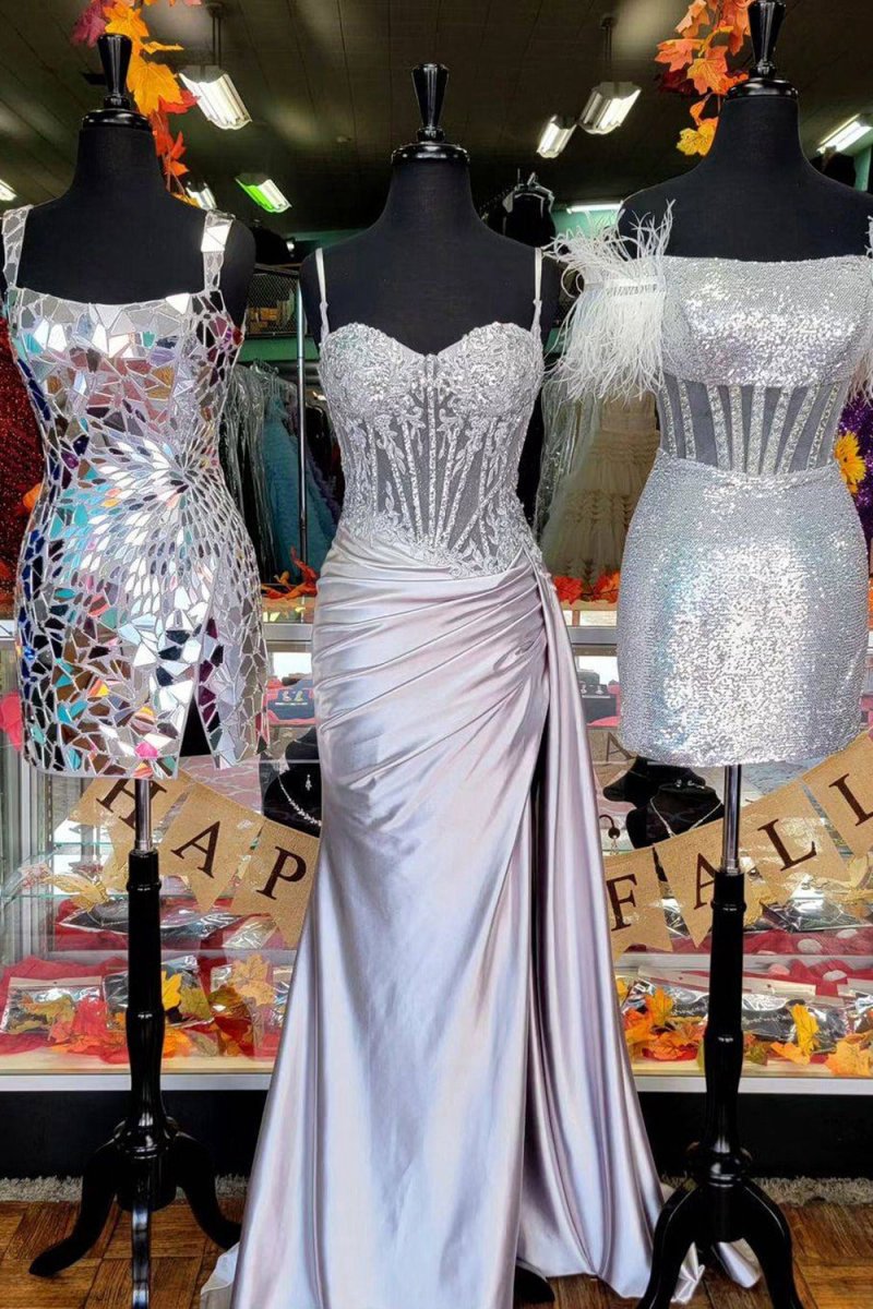 Spaghetti Straps Mermaid Appliqued Prom Dresses with Split