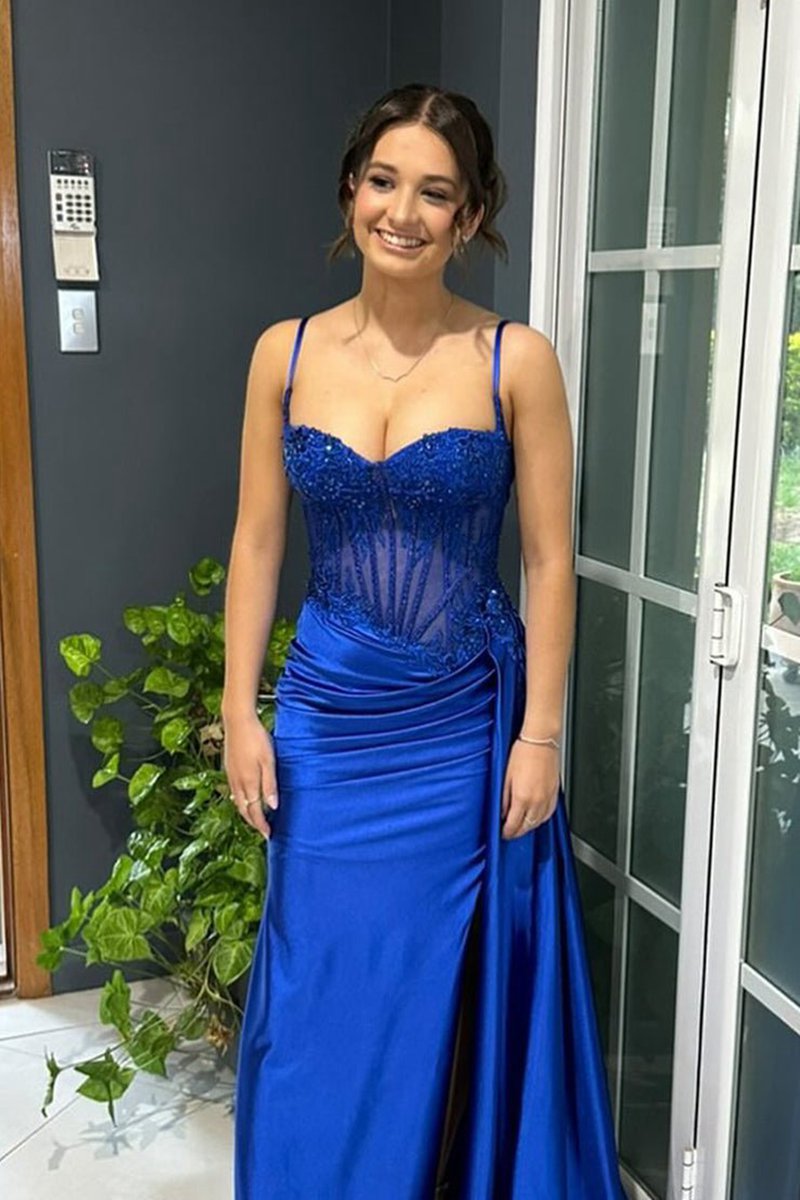 Spaghetti Straps Mermaid Appliqued Prom Dresses with Split