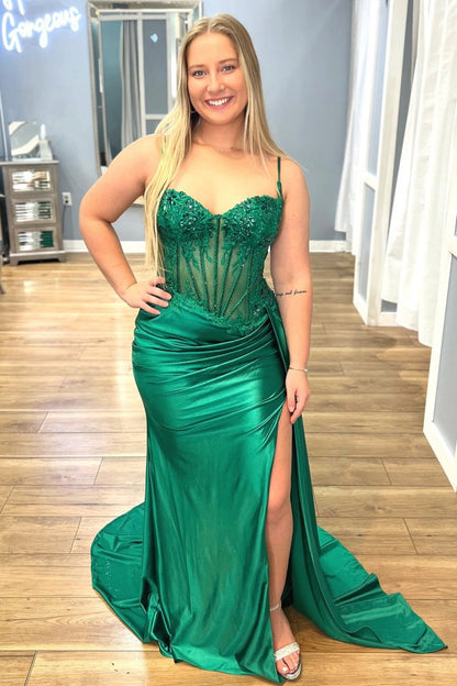 Spaghetti Straps Mermaid Appliqued Prom Dresses with Split