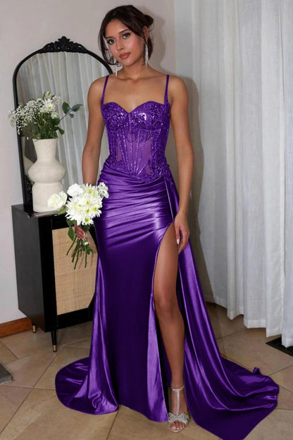 Spaghetti Straps Mermaid Appliqued Prom Dresses with Split